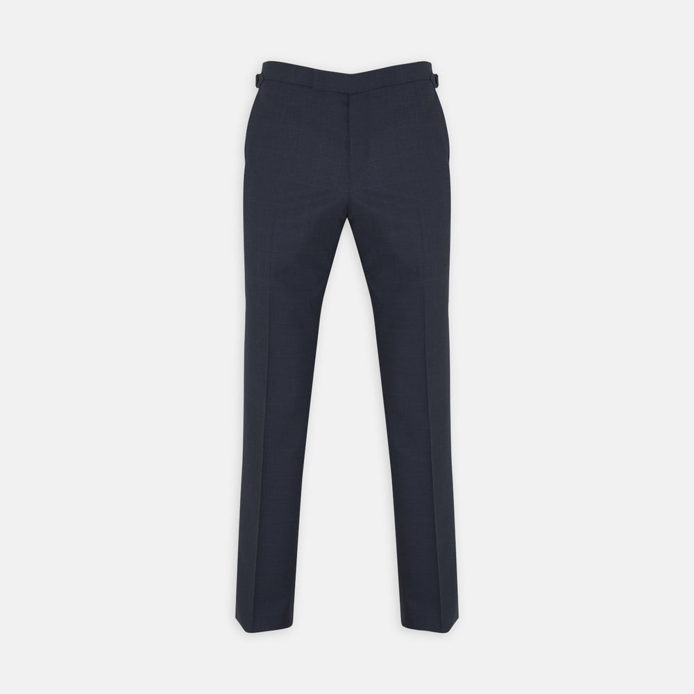Harry Navy Check Wool Trousers by Turnbull & Asser feature a slim fit, angled side adjusters, and pressed leg creases, displayed on a plain white background.