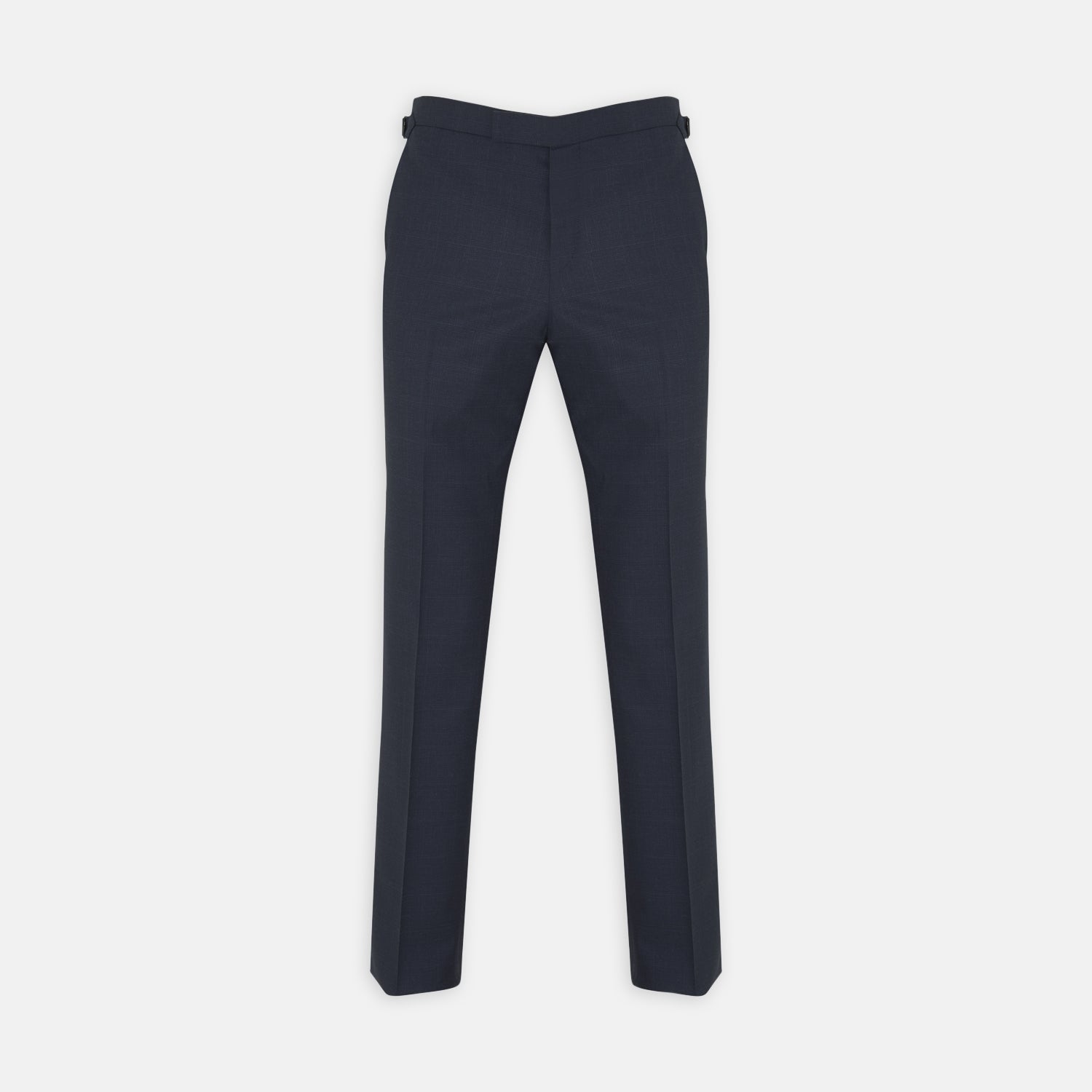 View 1 of product Harry Navy Check Wool Trousers by Turnbull & Asser feature a slim fit, angled side adjusters, and pressed leg creases, displayed on a plain white background.