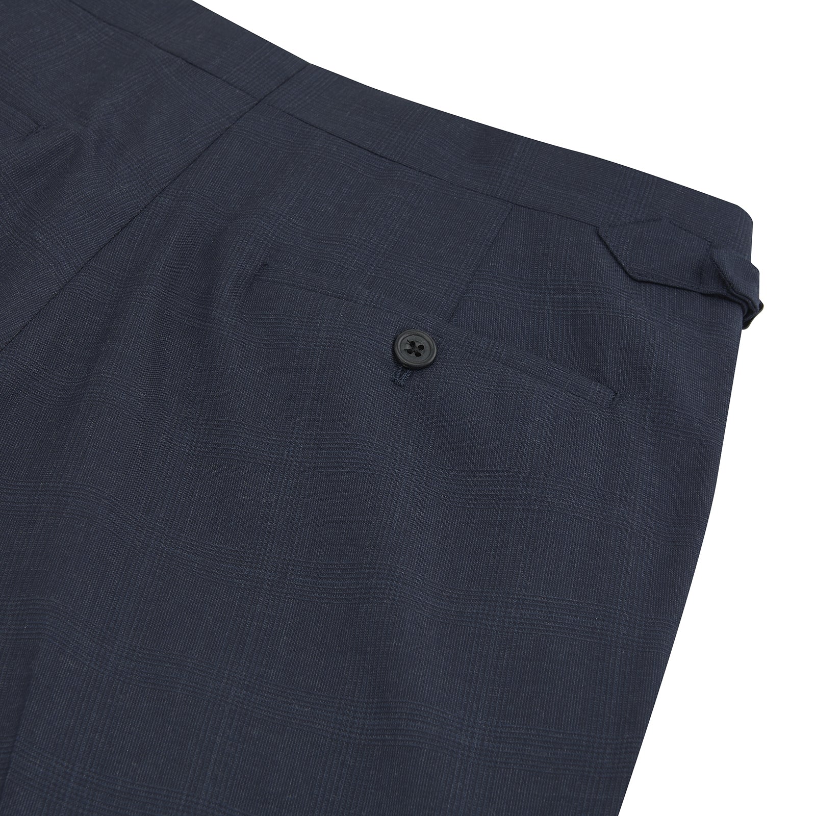View 2 of product Harry Navy Check Wool Trousers by Turnbull & Asser feature a slim fit, angled side adjusters, and pressed leg creases, displayed on a plain white background.