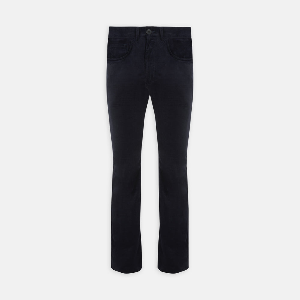 A pair of Turnbull & Asser Navy Cotton Cashmere Corduroy 5-Pocket Trousers, shown front-facing on a plain white background.