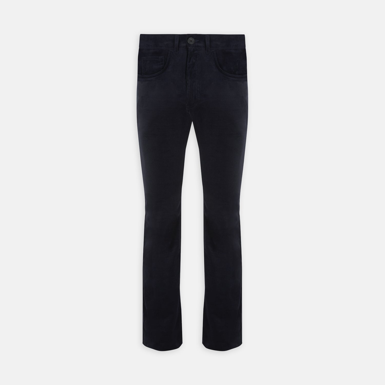 View 1 of product A pair of Turnbull & Asser Navy Cotton Cashmere Corduroy 5-Pocket Trousers, shown front-facing on a plain white background.