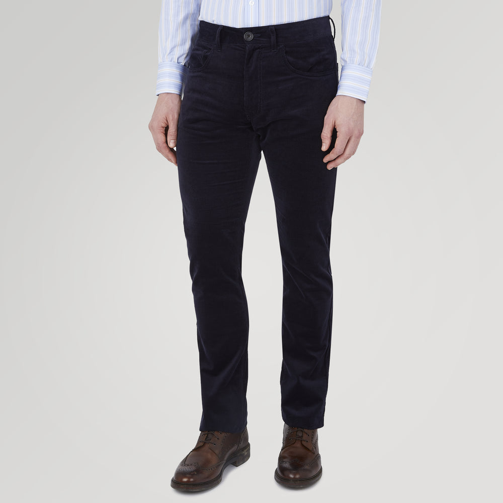 A pair of Turnbull & Asser Navy Cotton Cashmere Corduroy 5-Pocket Trousers, shown front-facing on a plain white background.