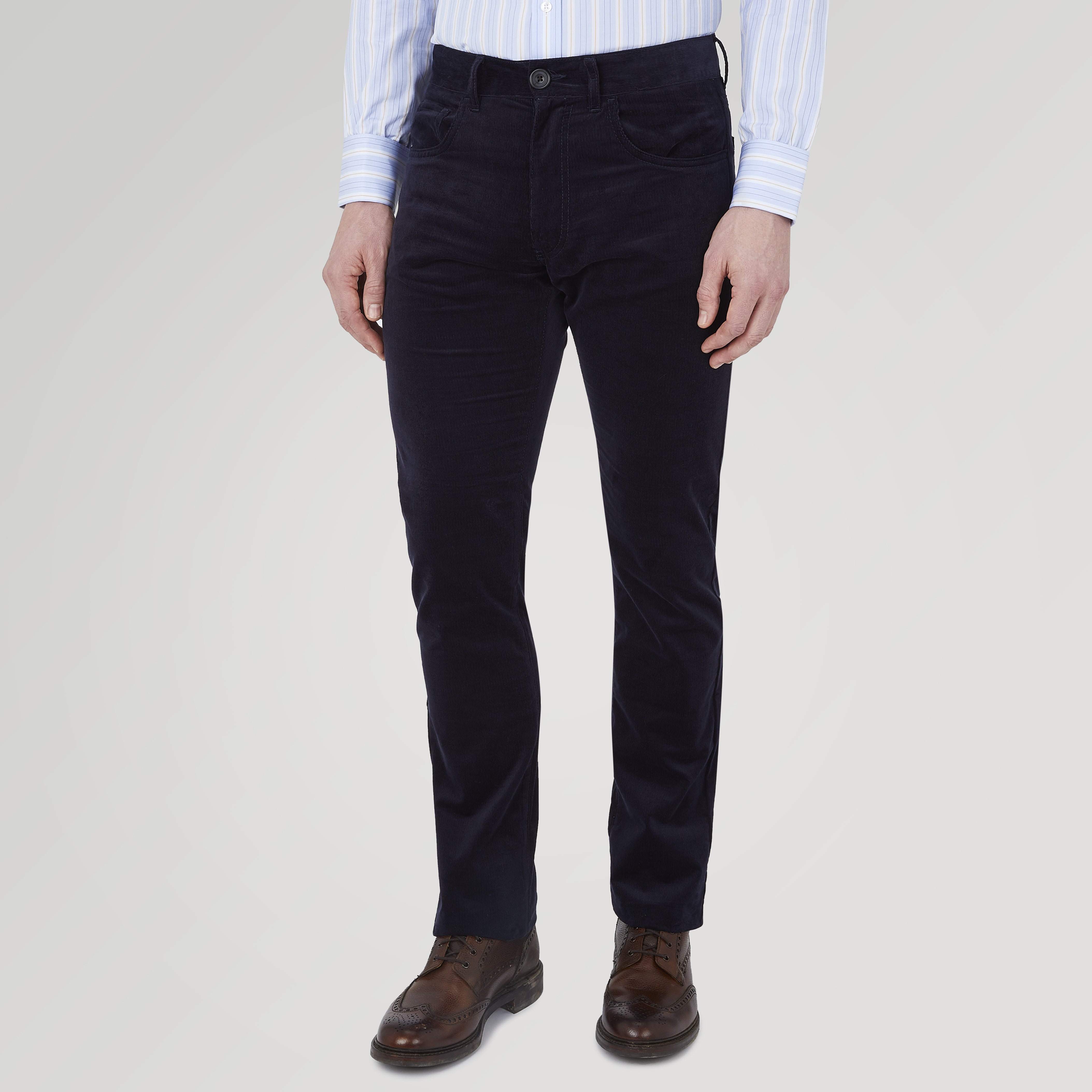 View 2 of product A pair of Turnbull & Asser Navy Cotton Cashmere Corduroy 5-Pocket Trousers, shown front-facing on a plain white background.