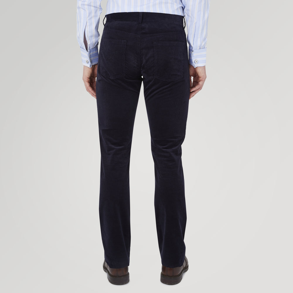 A pair of Turnbull & Asser Navy Cotton Cashmere Corduroy 5-Pocket Trousers, shown front-facing on a plain white background.