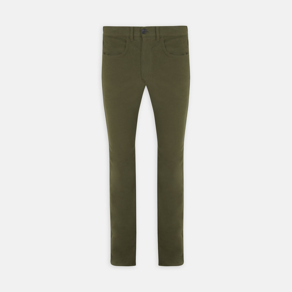 The Hanley Dark Olive Moleskin 5-Pocket Trousers by Turnbull & Asser are slim-fit casual trousers with front and back pockets, button closure, and belt loops, shown flat on a white background.
