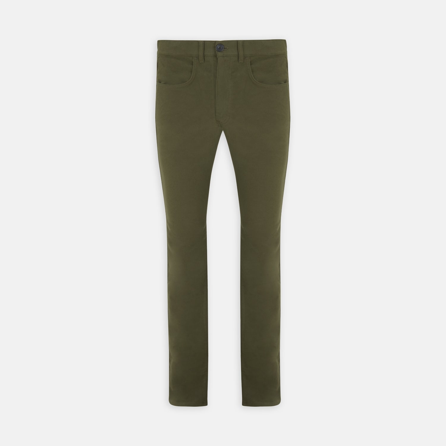 View 1 of product The Hanley Dark Olive Moleskin 5-Pocket Trousers by Turnbull & Asser are slim-fit casual trousers with front and back pockets, button closure, and belt loops, shown flat on a white background.