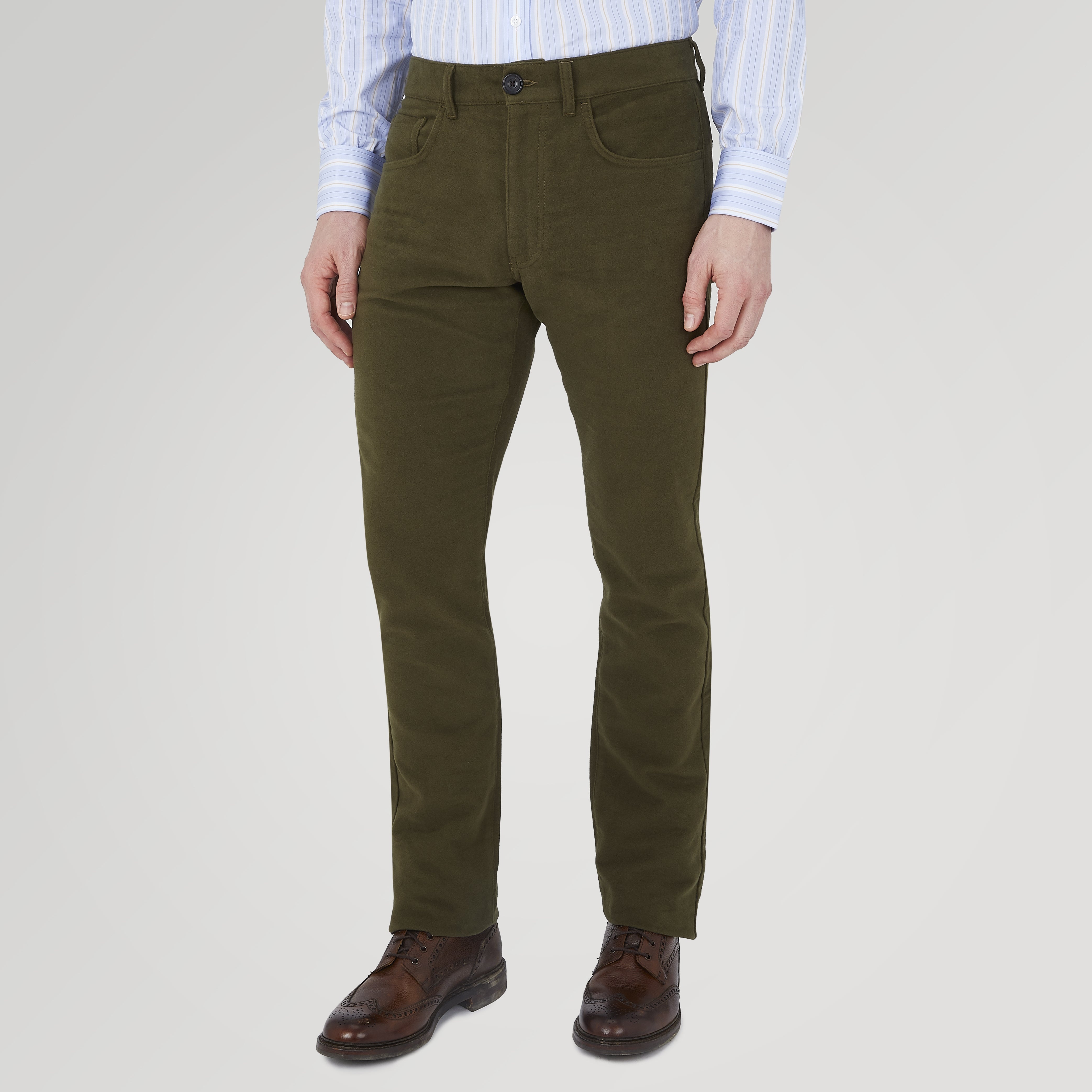 View 2 of product The Hanley Dark Olive Moleskin 5-Pocket Trousers by Turnbull & Asser are slim-fit casual trousers with front and back pockets, button closure, and belt loops, shown flat on a white background.