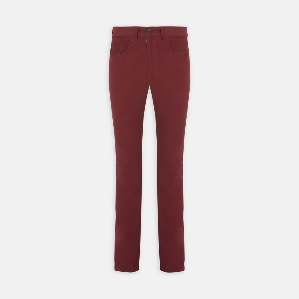 Turnbull & Asser Hanley Maroon Moleskin 5-Pocket Trousers shown on a white background, with front pockets, button closure, and belt loops.