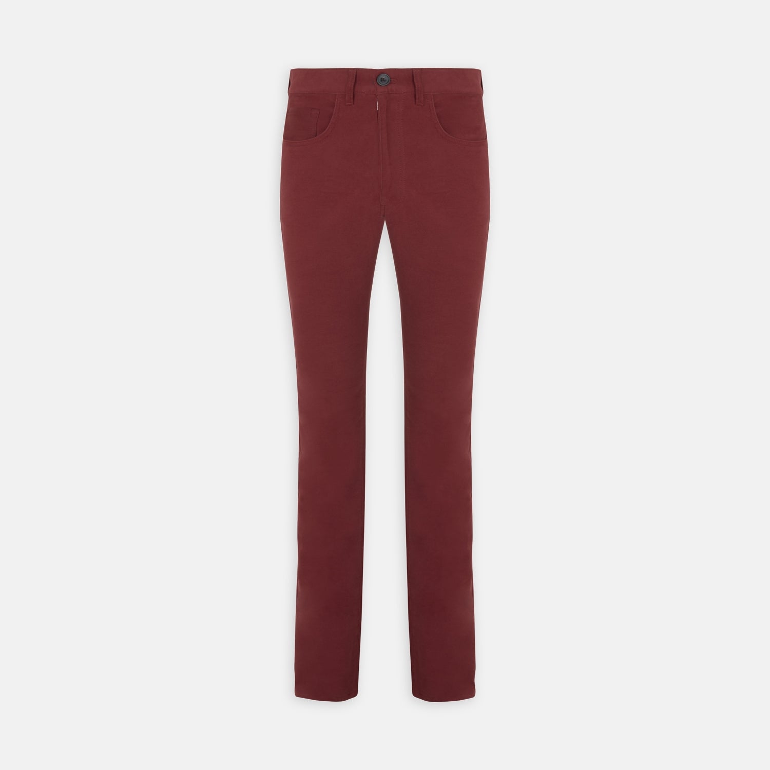 View 1 of product Turnbull & Asser Hanley Maroon Moleskin 5-Pocket Trousers shown on a white background, with front pockets, button closure, and belt loops.