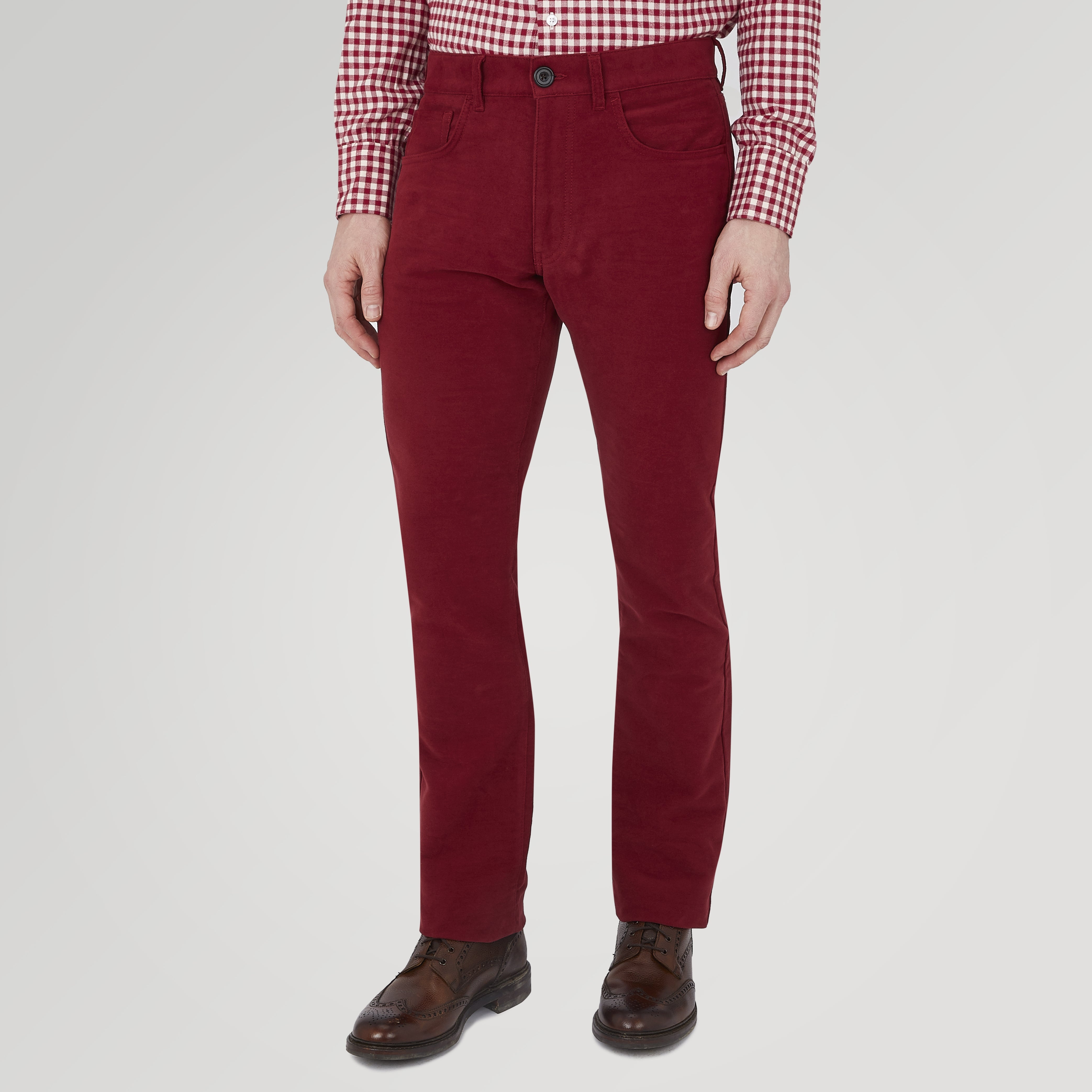 View 2 of product Turnbull & Asser Hanley Maroon Moleskin 5-Pocket Trousers shown on a white background, with front pockets, button closure, and belt loops.