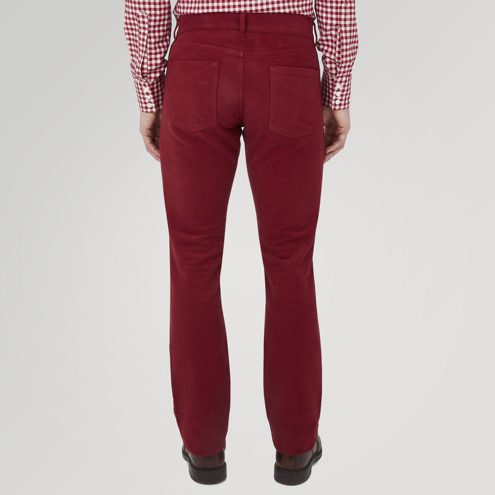 Turnbull & Asser Hanley Maroon Moleskin 5-Pocket Trousers shown on a white background, with front pockets, button closure, and belt loops.