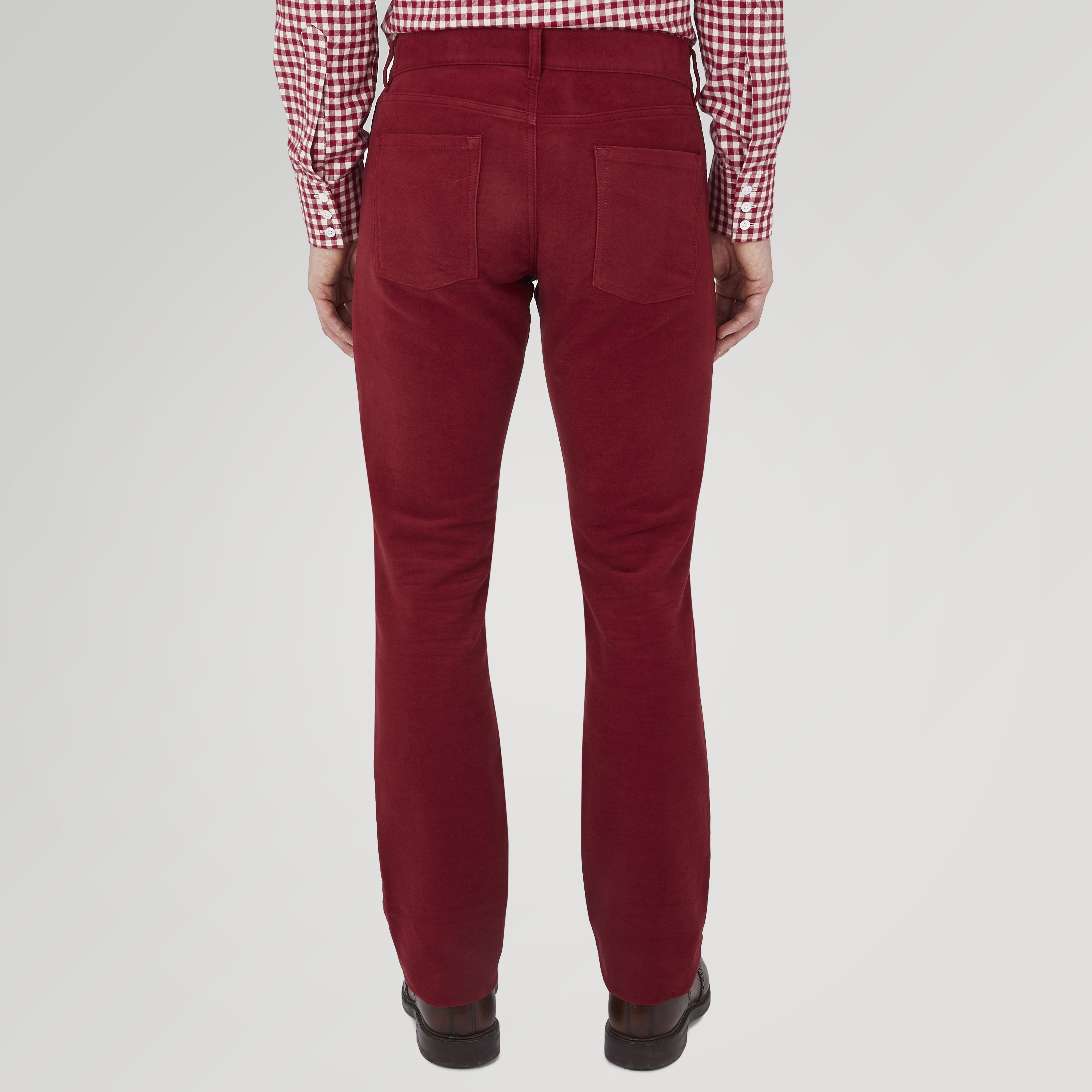View 3 of product Turnbull & Asser Hanley Maroon Moleskin 5-Pocket Trousers shown on a white background, with front pockets, button closure, and belt loops.