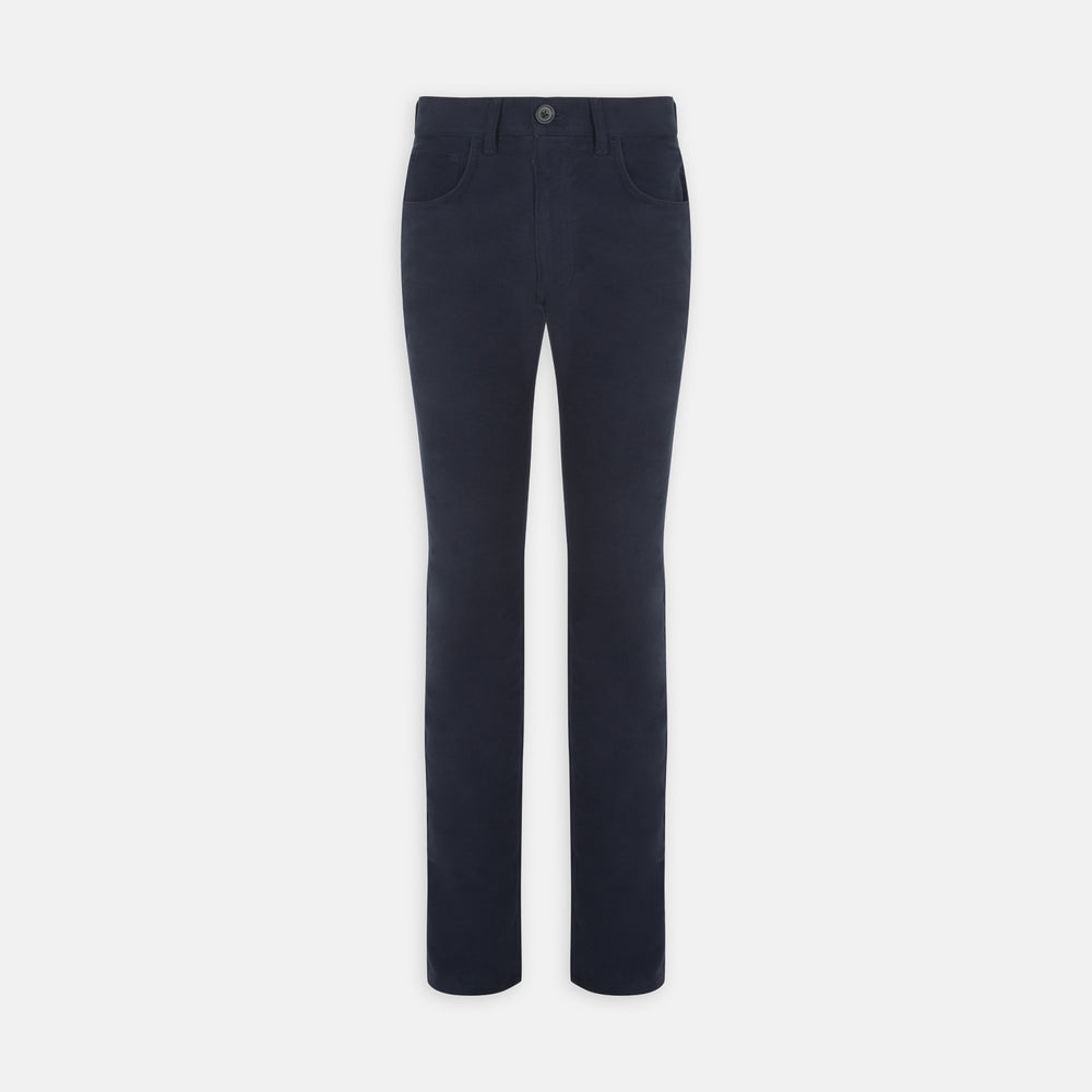 The Hanley Navy Moleskin 5-Pocket Trousers by Turnbull & Asser feature a classic straight-leg fit with front and back pockets, button and zip closure—versatile navy trousers shown against a white background.
