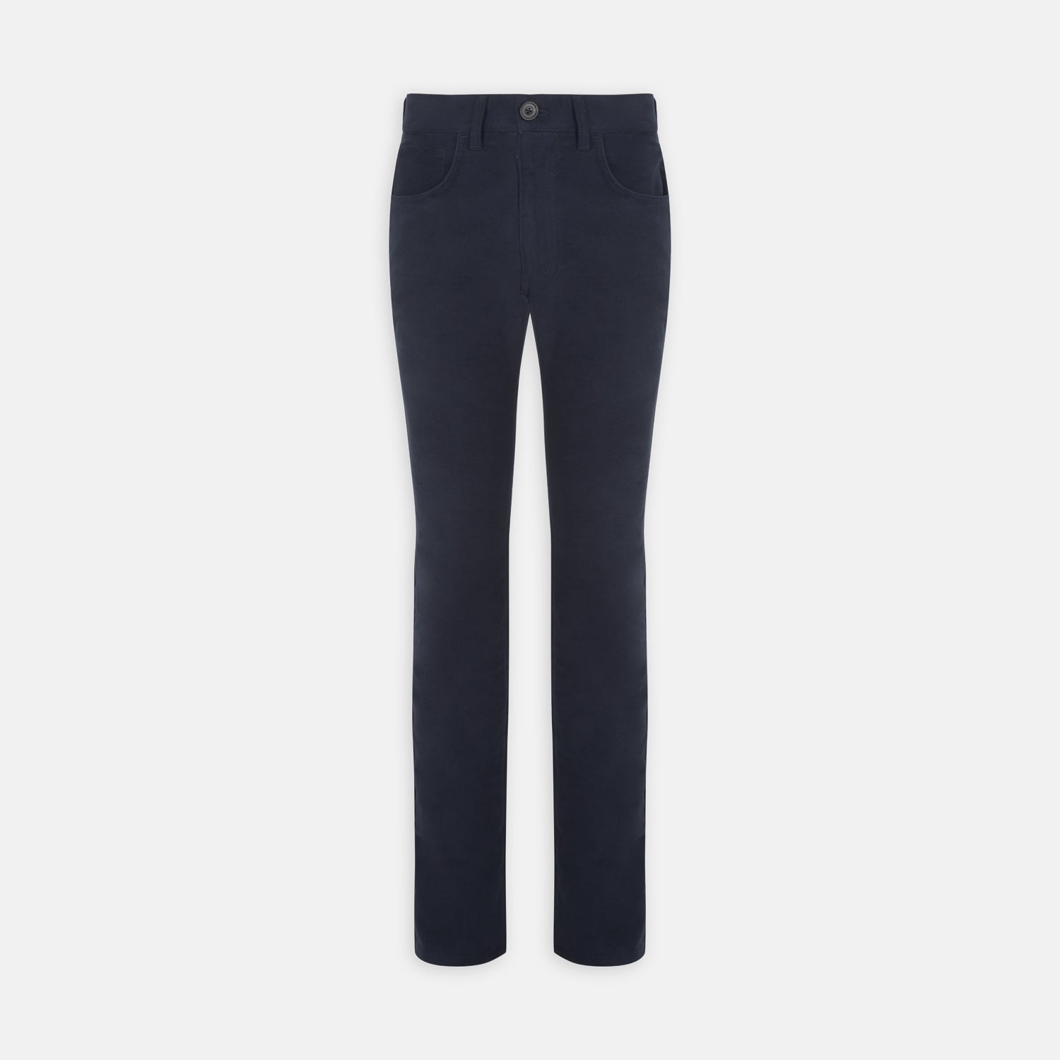 View 1 of product The Hanley Navy Moleskin 5-Pocket Trousers by Turnbull & Asser feature a classic straight-leg fit with front and back pockets, button and zip closure—versatile navy trousers shown against a white background.