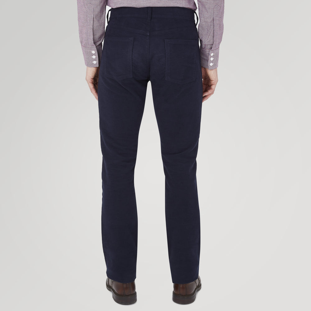 The Hanley Navy Moleskin 5-Pocket Trousers by Turnbull & Asser feature a classic straight-leg fit with front and back pockets, button and zip closure—versatile navy trousers shown against a white background.