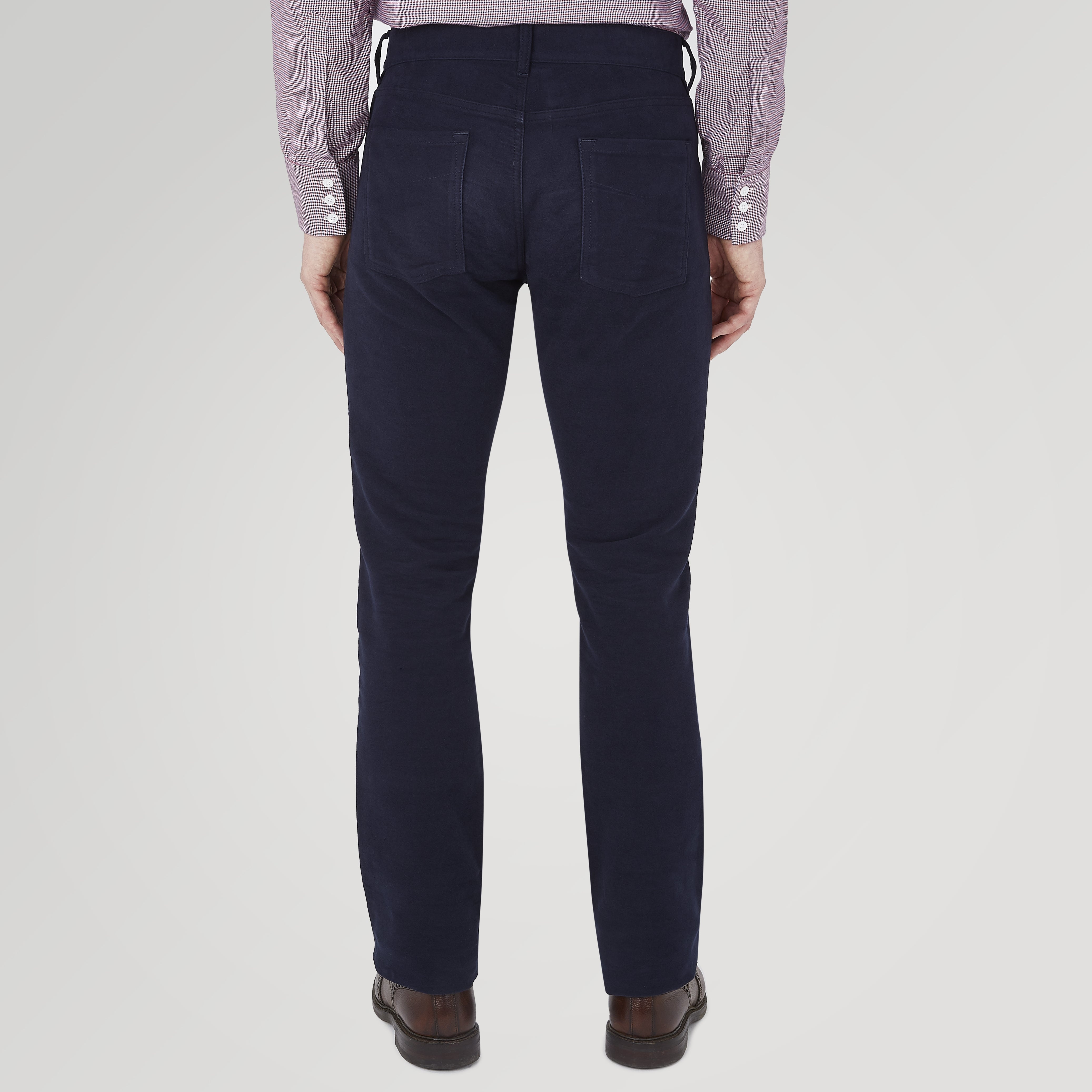 View 3 of product The Hanley Navy Moleskin 5-Pocket Trousers by Turnbull & Asser feature a classic straight-leg fit with front and back pockets, button and zip closure—versatile navy trousers shown against a white background.
