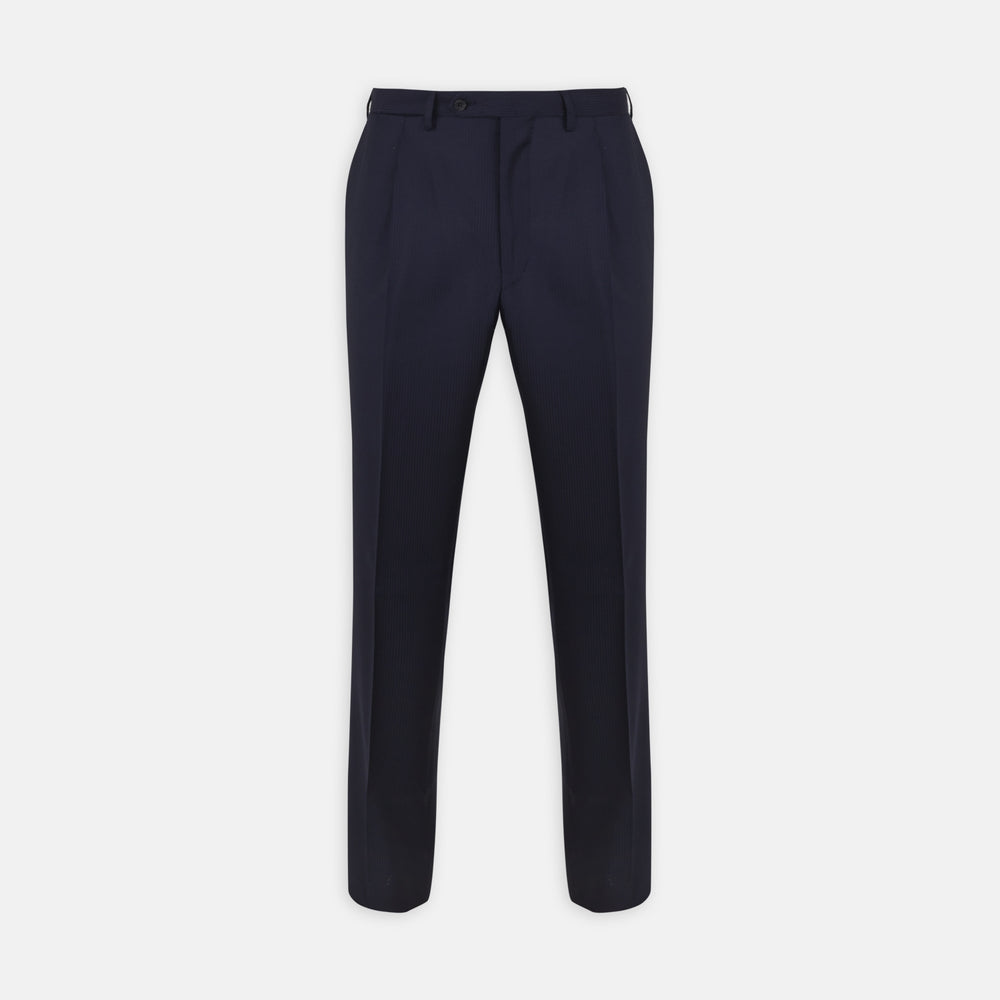 Turnbull & Asser Navy Worsted Wool Pleated Formal Trousers feature a straight leg, front zipper, and button closure, shown against a plain white background.