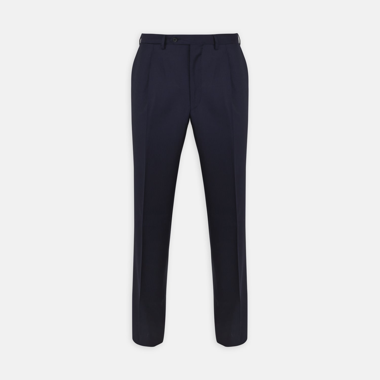 View 1 of product Turnbull & Asser Navy Worsted Wool Pleated Formal Trousers feature a straight leg, front zipper, and button closure, shown against a plain white background.