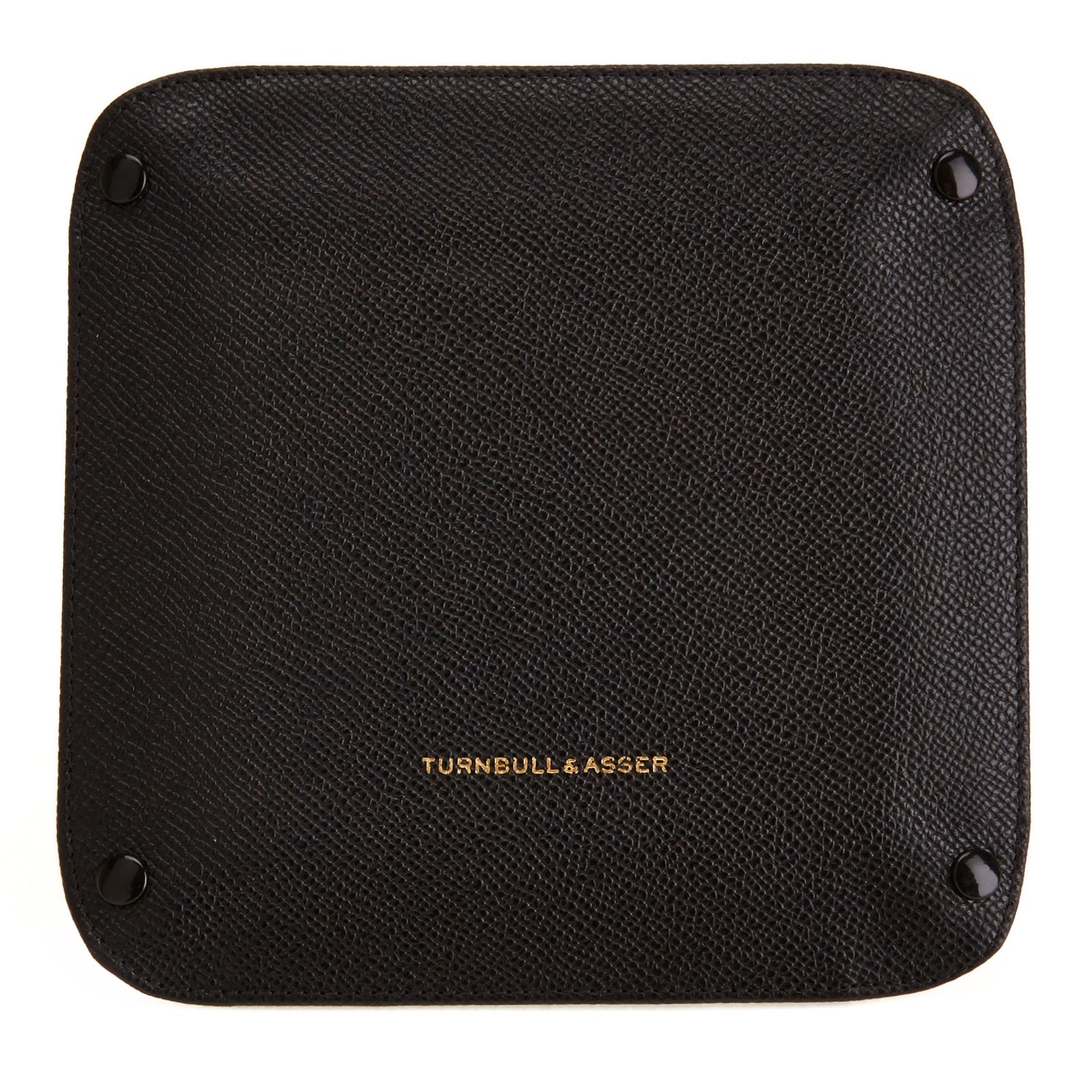 View 2 of product The Turnbull & Asser Black and Red Square Leather Travel Tray features a black exterior, red suede interior, raised edges, and snapped corners—an essential for organizing small accessories. Shown on a white background.