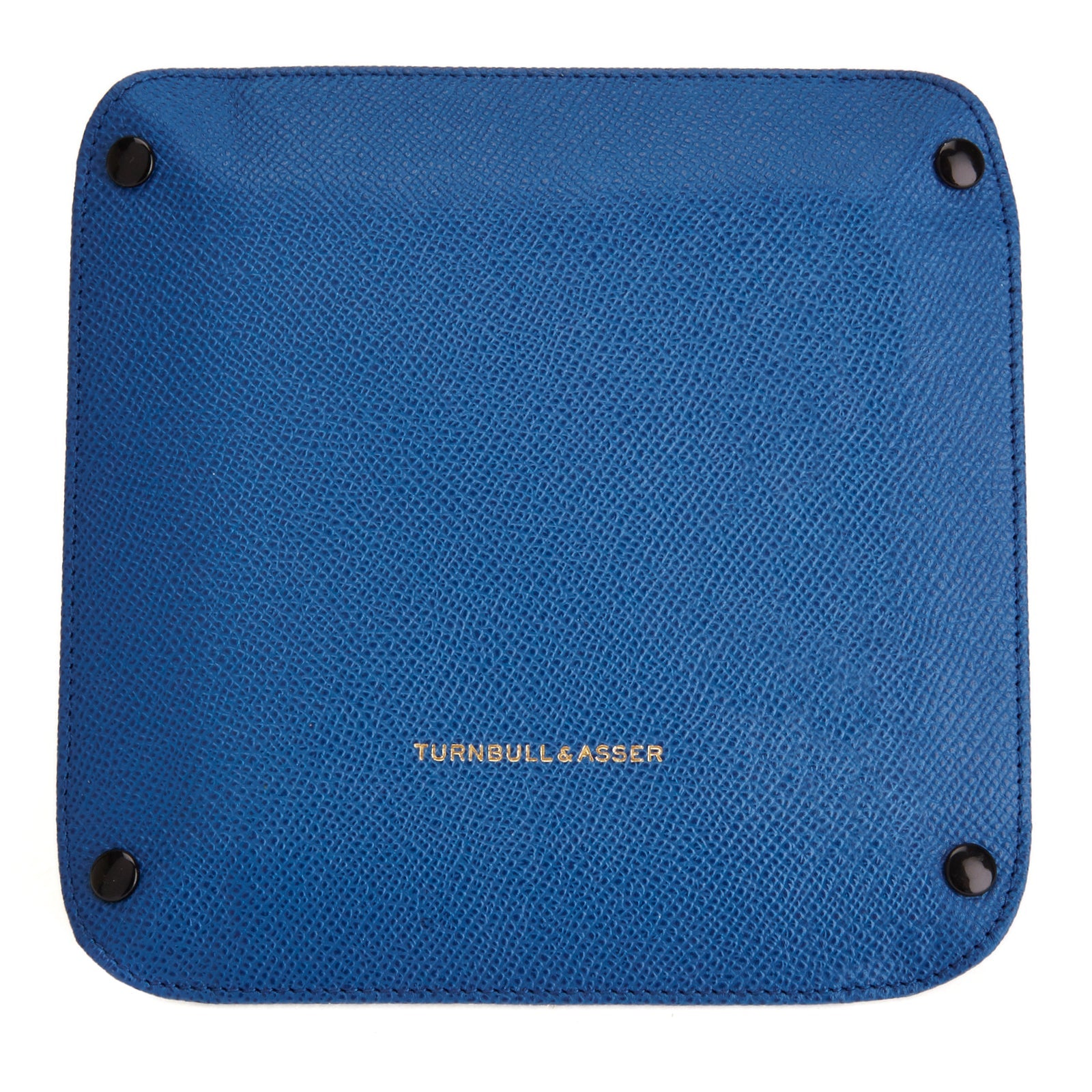 View 2 of product The Turnbull & Asser Royal Blue Square Leather Travel Tray, featuring raised edges and snap buttons at each corner, is ideal for organizing small accessories; shown against a plain white background.