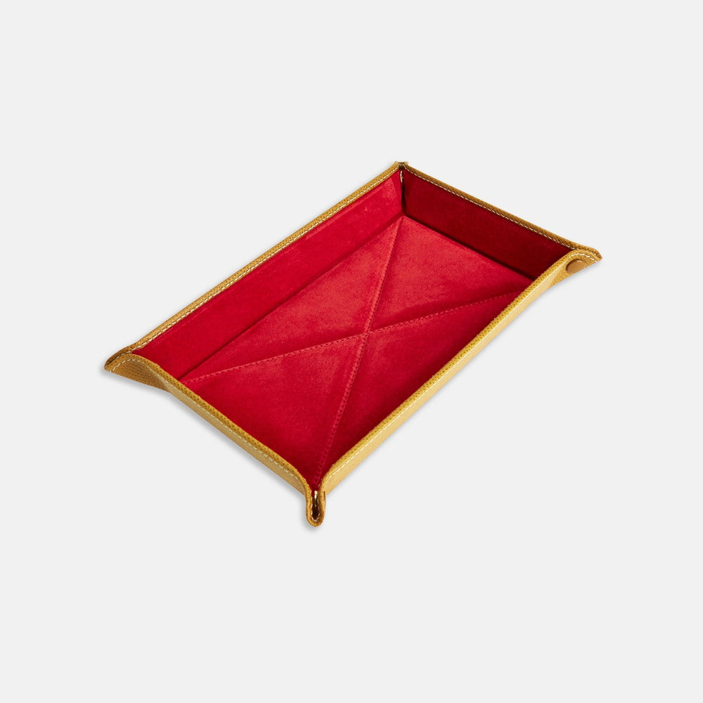 The Turnbull & Asser Yellow and Red Rectangular Leather Travel Tray, featuring raised corners and gold edges, is perfect for organizing small accessories and is shown on a plain white background.