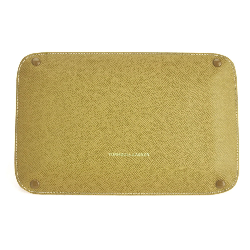 The Turnbull & Asser Yellow and Red Rectangular Leather Travel Tray, featuring raised corners and gold edges, is perfect for organizing small accessories and is shown on a plain white background.