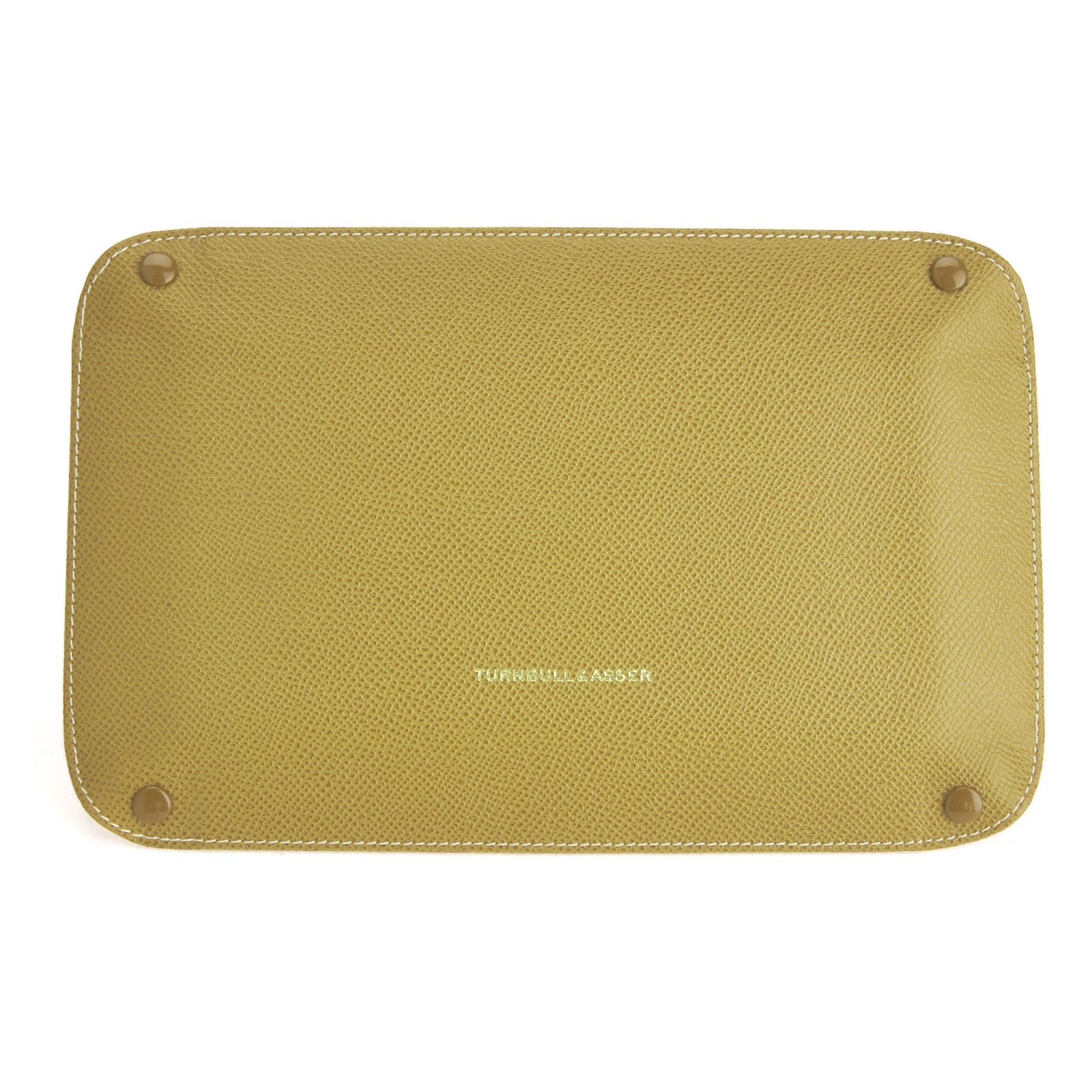 View 2 of product The Turnbull & Asser Yellow and Red Rectangular Leather Travel Tray, featuring raised corners and gold edges, is perfect for organizing small accessories and is shown on a plain white background.