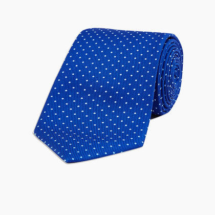 Slim Royal Blue and White Small Spot Printed Silk Tie Image 4