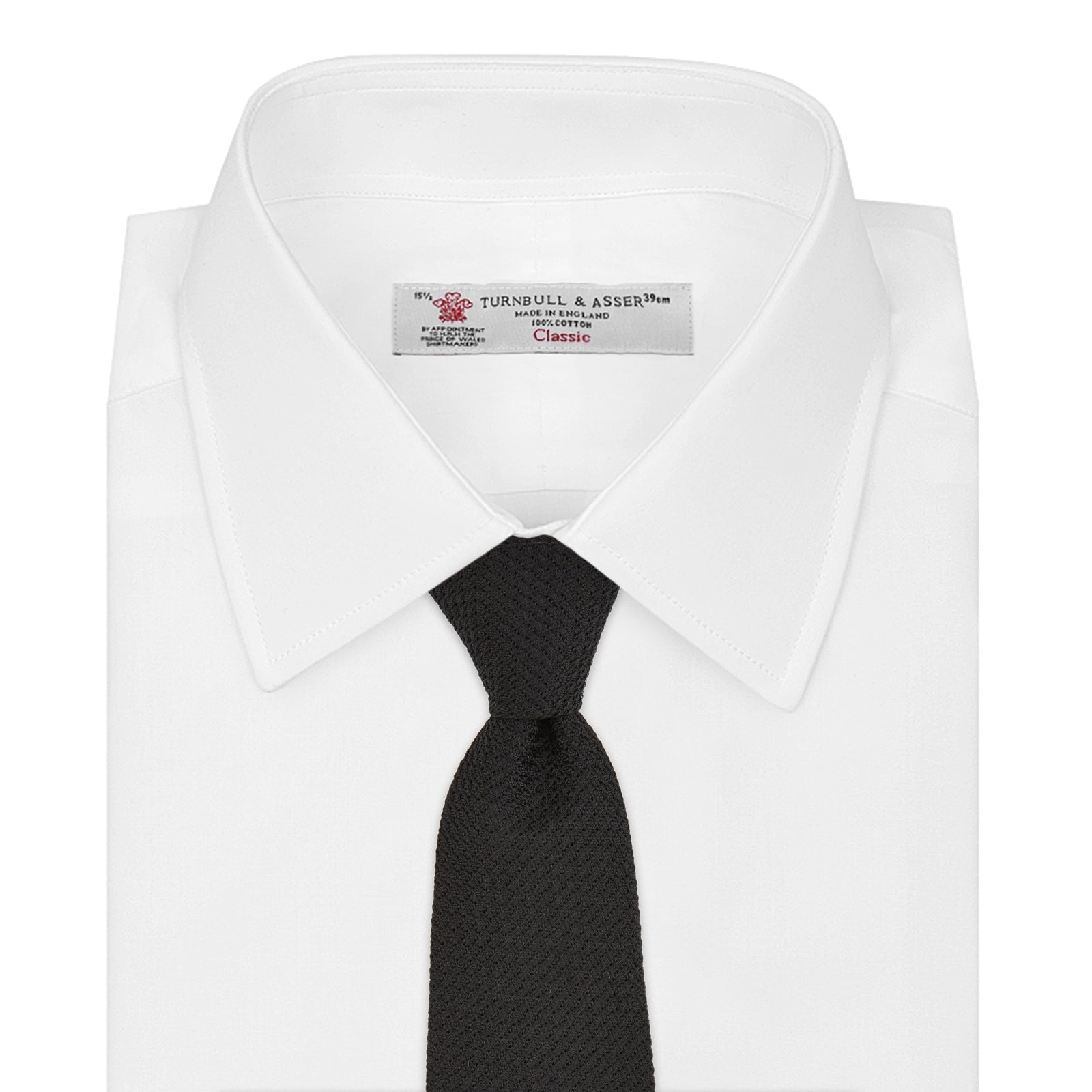 View 2 of product The Slim Black Grenadine Silk Tie by Turnbull & Asser, featuring a unique textured weave, is rolled up and displayed against a plain white background.