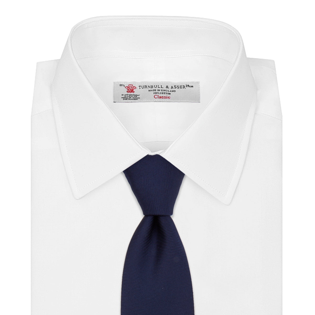 View 2 of product The Turnbull & Asser Navy Horizontal Twill Silk Tie features a subtle textured pattern and is elegantly displayed on a plain white background—ideal for pairing with cotton shirts for a smart, refined look.