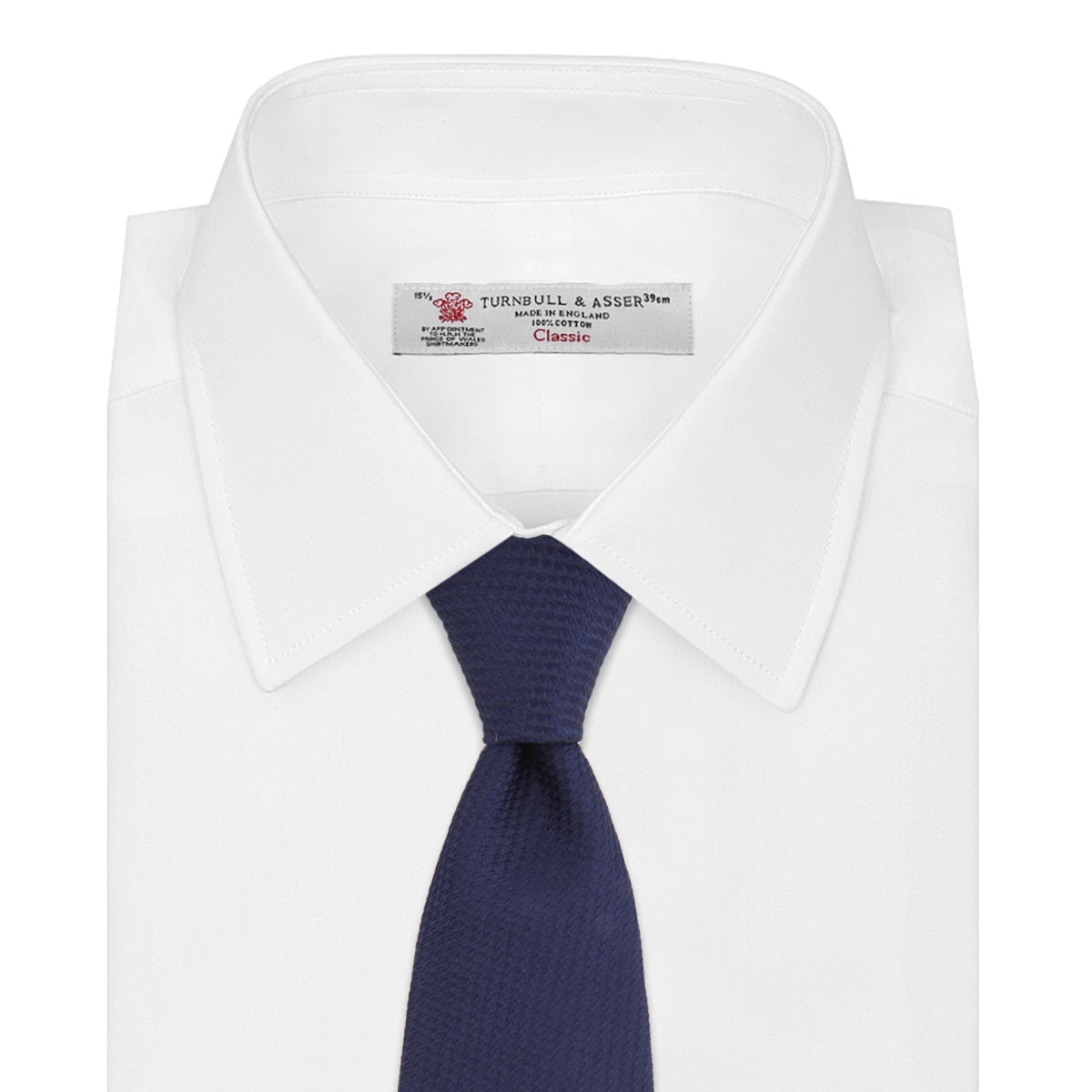 View 2 of product A close-up of the Turnbull & Asser Long Navy Lace Silk Tie, featuring a subtle lace weave texture, rolled up and displayed on a plain white background.
