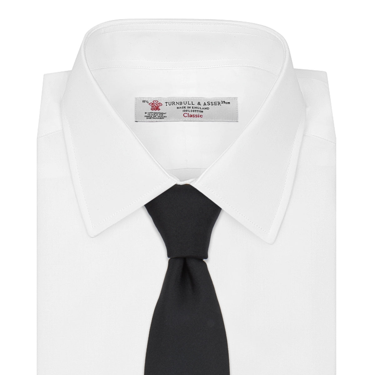 View 2 of product The Turnbull & Asser Slim Black Plain Satin Silk Tie is neatly rolled on a white background—an essential accessory for smart dress and formal occasions.