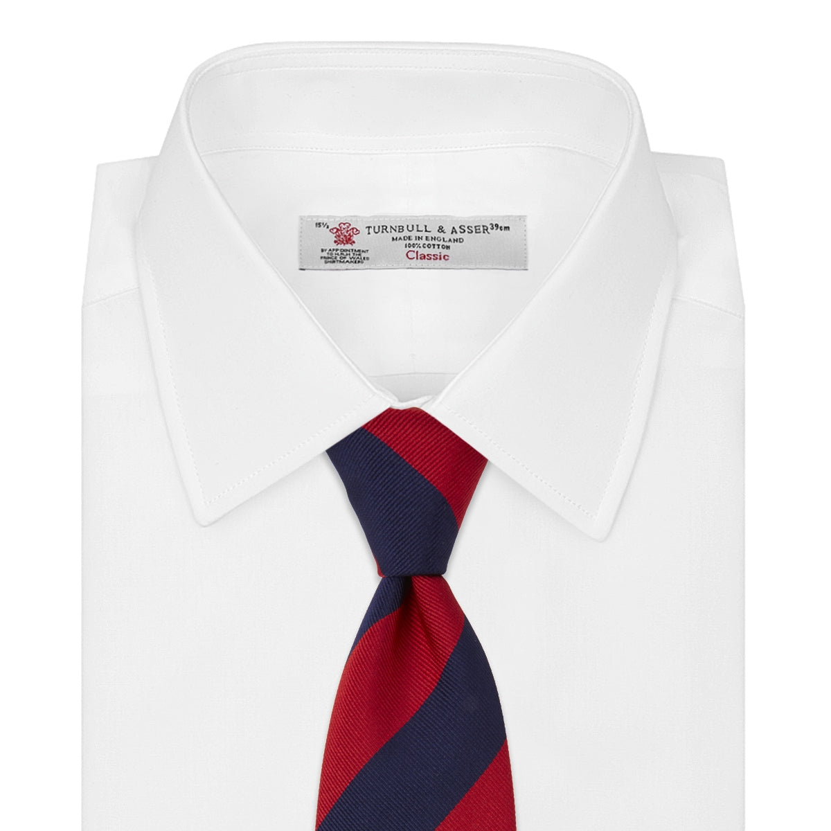 View 2 of product The Turnbull & Asser Long Navy and Red Block Stripe Repp Silk Tie features bold diagonal stripes on white—an ideal office shirt companion.