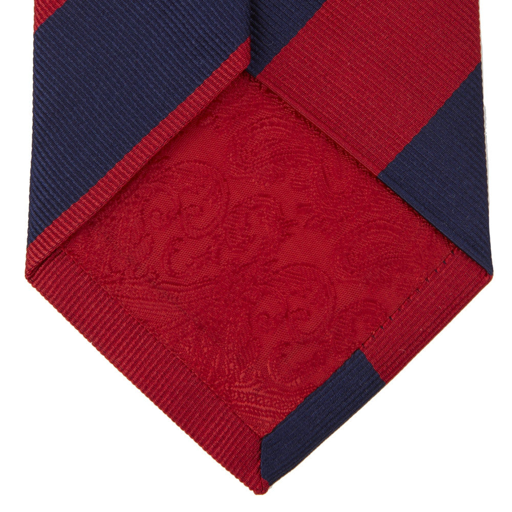 The Turnbull & Asser Long Navy and Red Block Stripe Repp Silk Tie features bold diagonal stripes on white—an ideal office shirt companion.