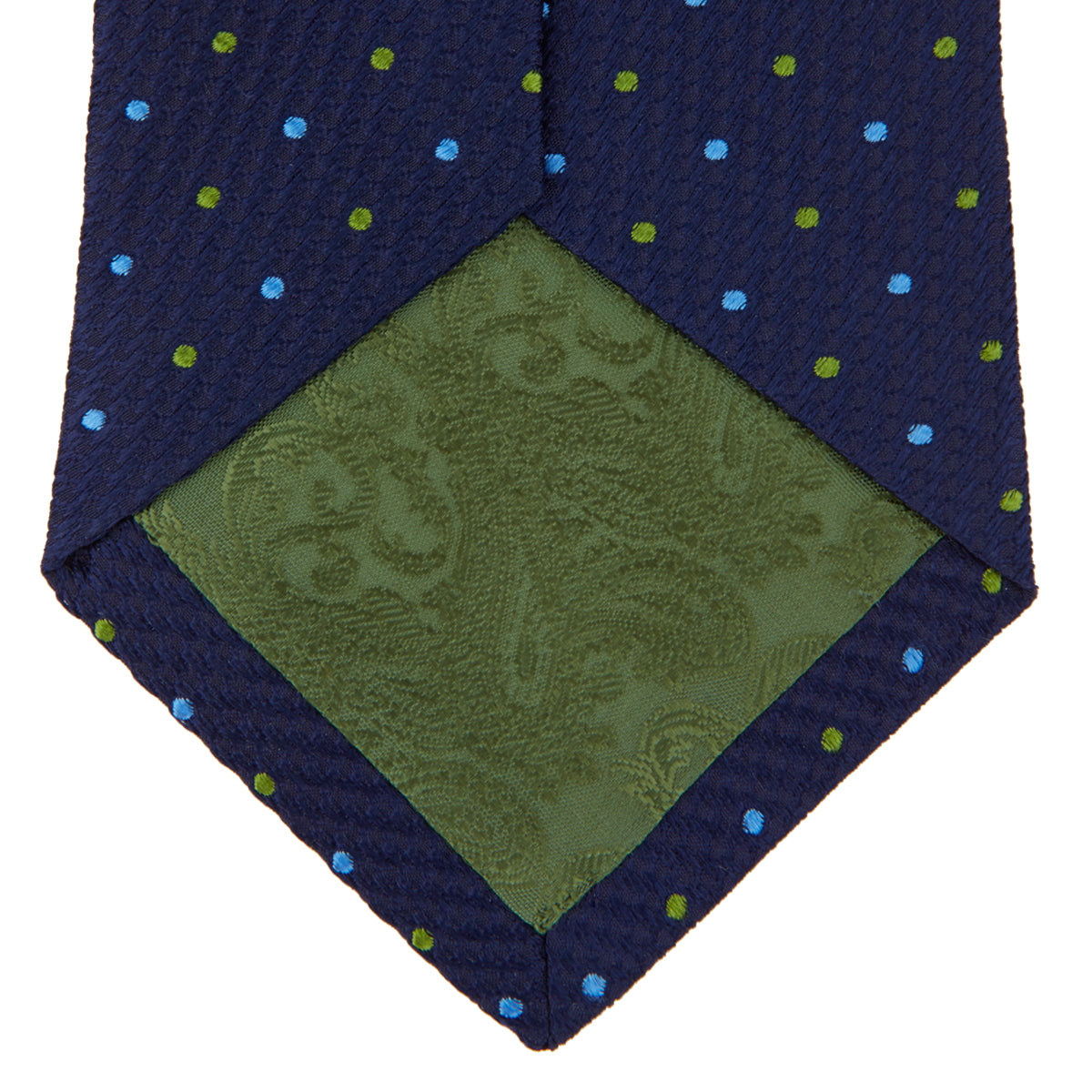 View 4 of product The Turnbull & Asser Navy, Blue & Green Spot Lace Silk Tie features small, evenly spaced blue and green spots—perfect for adding a refined touch to your favorite office shirt.