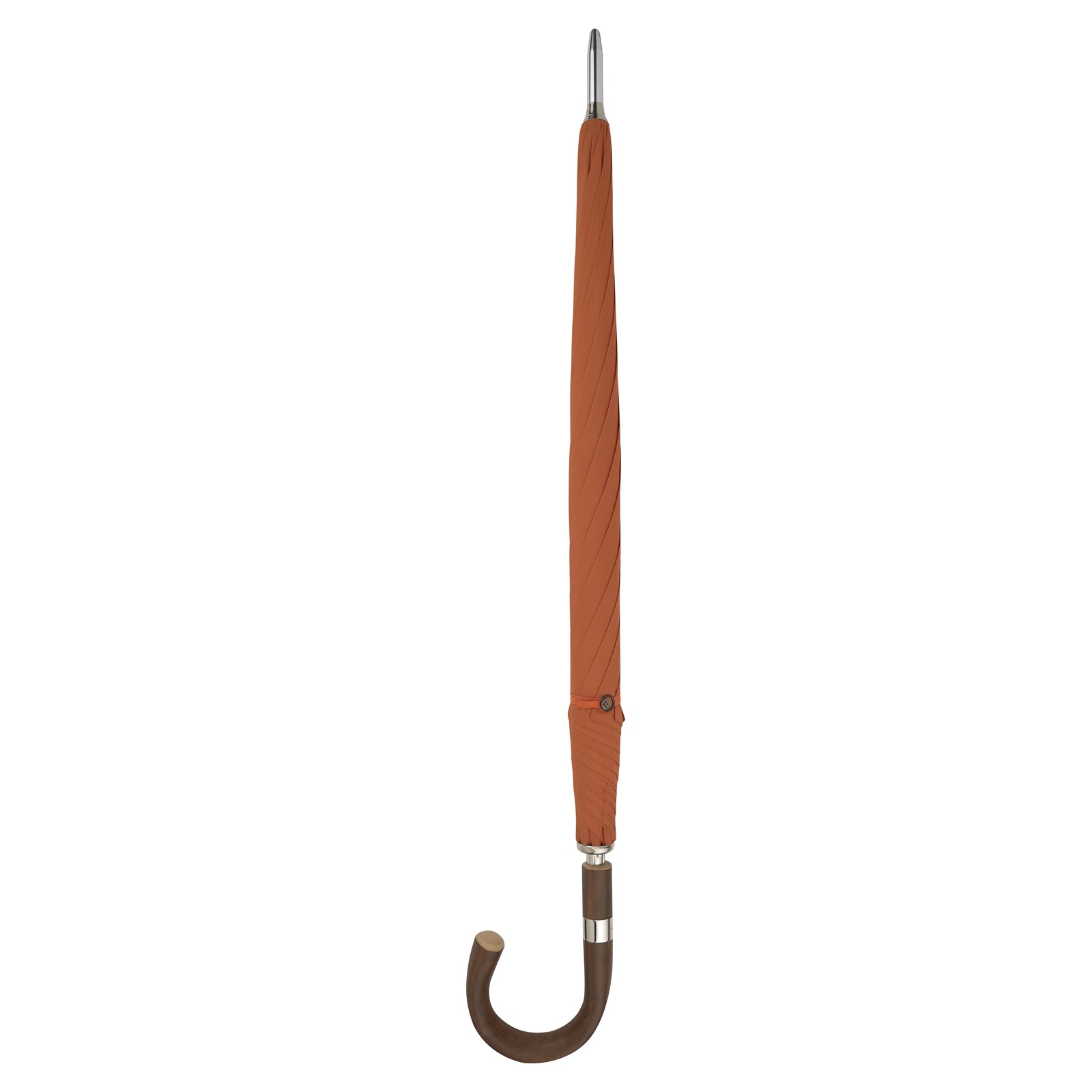 View 2 of product The Turnbull & Asser Orange Umbrella with Chestnut Crook features a vibrant canopy, elegant curved chestnut handle, and sturdy metal shaft, offering stylish weather protection. Displayed on a white background.