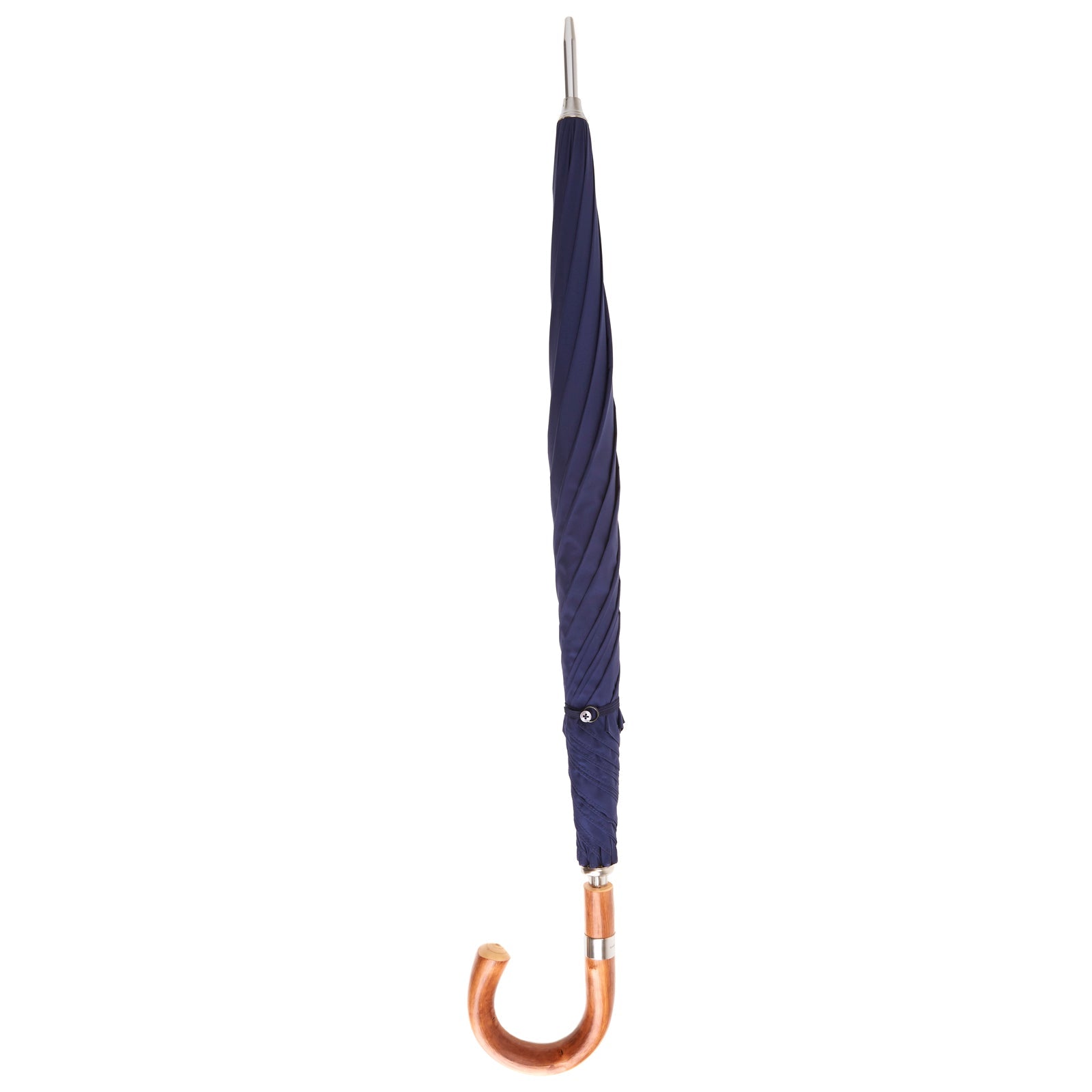 View 2 of product The Turnbull & Asser Navy Umbrella with Chestnut Crook features a curved wooden handle and silver metal shaft, designed for durability in English weather and shown against a plain white background.