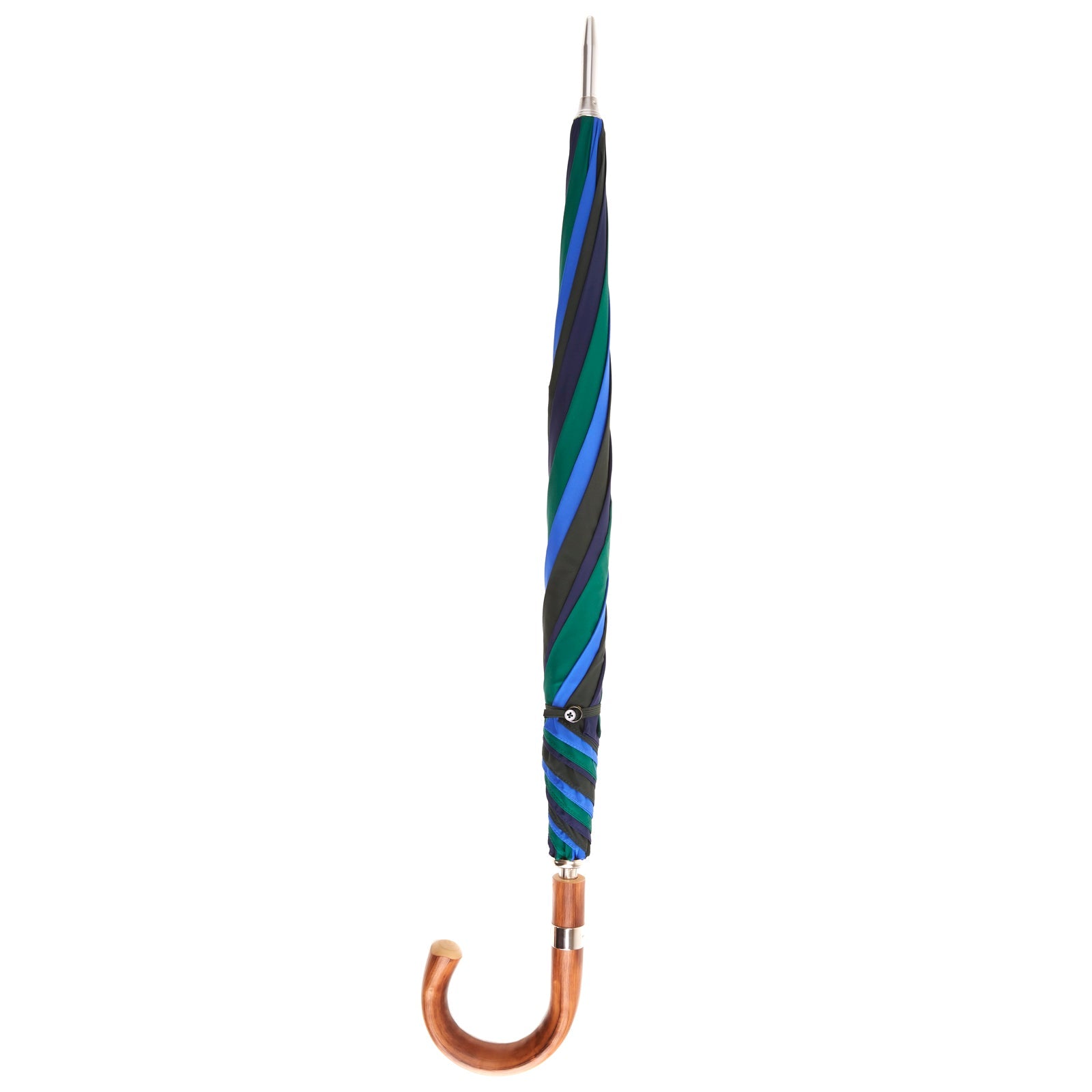 View 2 of product The Turnbull & Asser Blue and Green Umbrella with Chestnut Crook features three colored panels—navy, green, bright blue—and a sturdy chestnut handle with a silver shaft, ideal for English weather. Shown on a plain white background.