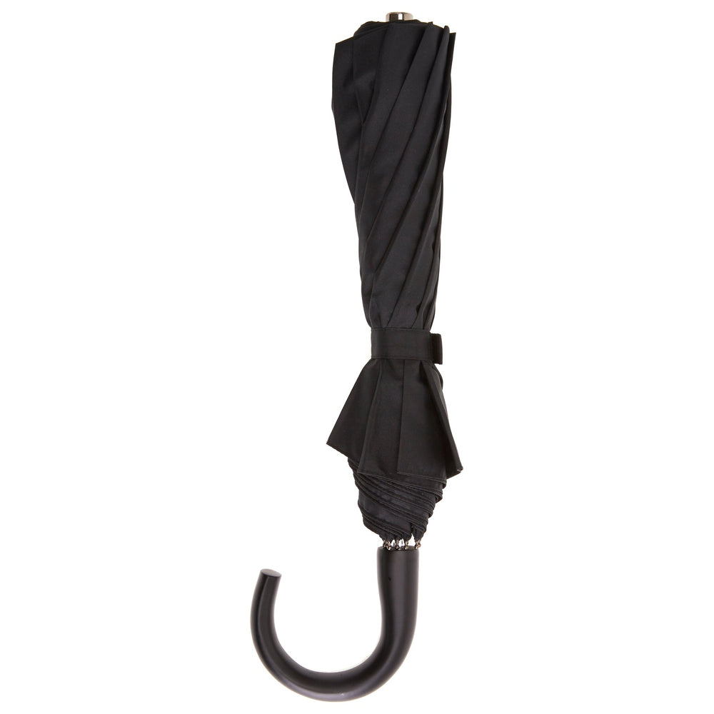 A Black Telescopic Umbrella with Black Maple Crook by Turnbull & Asser is open against a plain white background.