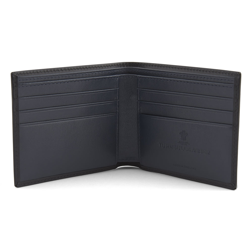 The Turnbull & Asser Black Leather Billfold is a stylish wallet shown closed and standing upright against a white background.