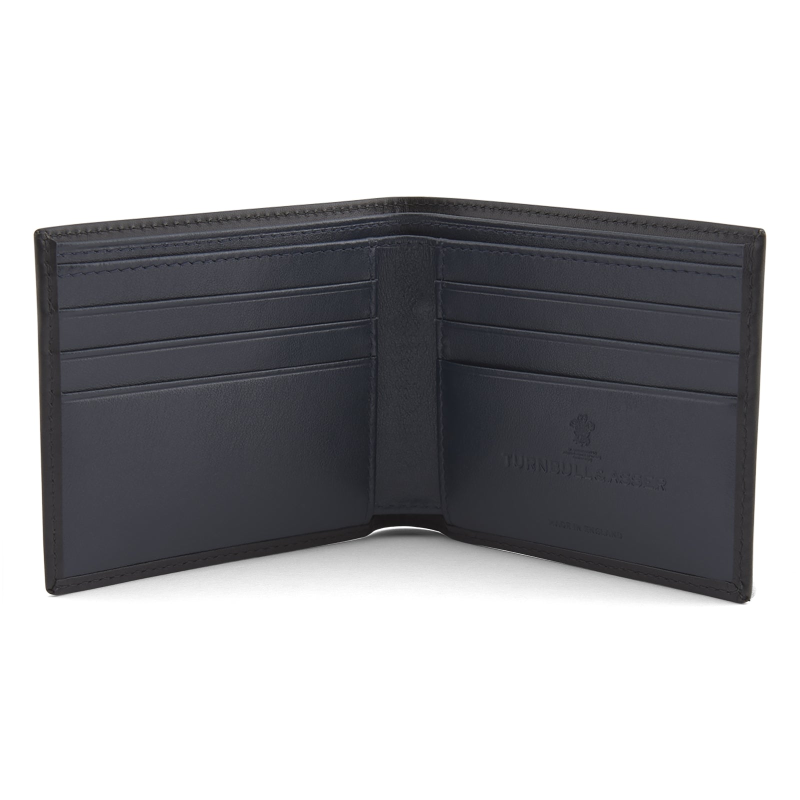 View 2 of product The Turnbull & Asser Black Leather Billfold is a stylish wallet shown closed and standing upright against a white background.