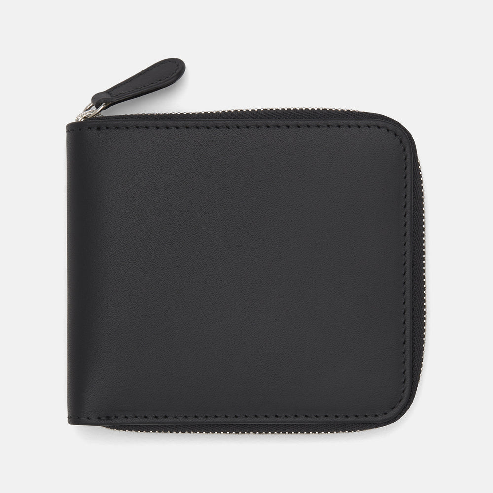 The Turnbull & Asser Black Leather 8 C/C Zipped Wallet, square-shaped with a three-sided zipper closure, is crafted from black leather and displayed against a plain light gray background.