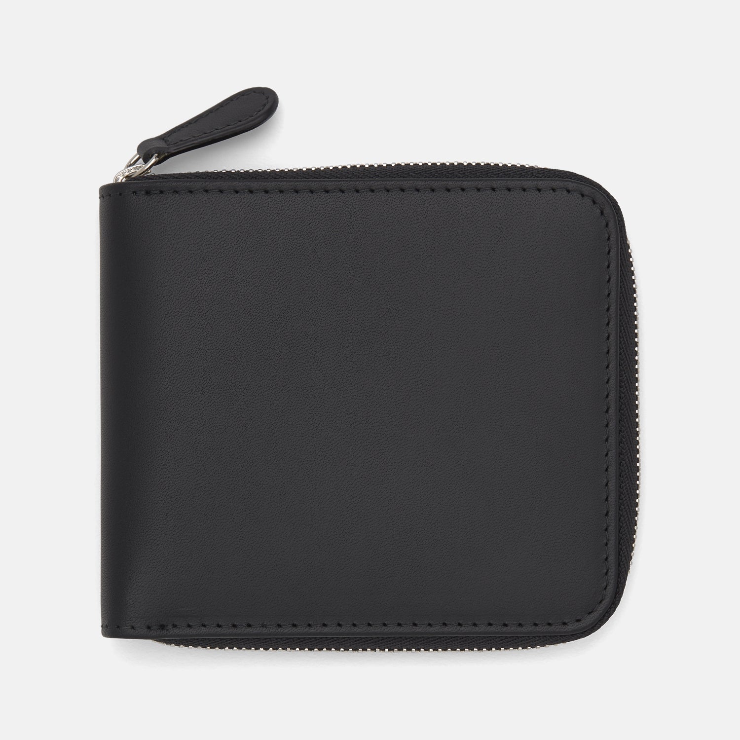 View 1 of product The Turnbull & Asser Black Leather 8 C/C Zipped Wallet, square-shaped with a three-sided zipper closure, is crafted from black leather and displayed against a plain light gray background.