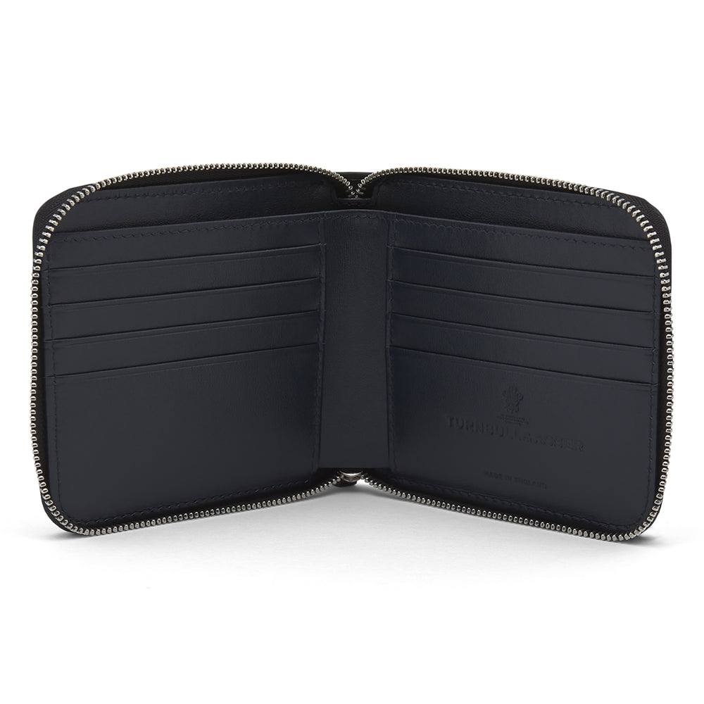 The Turnbull & Asser Black Leather 8 C/C Zipped Wallet, square-shaped with a three-sided zipper closure, is crafted from black leather and displayed against a plain light gray background.