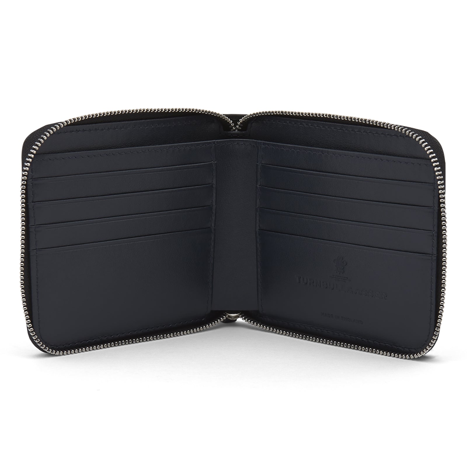 View 2 of product The Turnbull & Asser Black Leather 8 C/C Zipped Wallet, square-shaped with a three-sided zipper closure, is crafted from black leather and displayed against a plain light gray background.