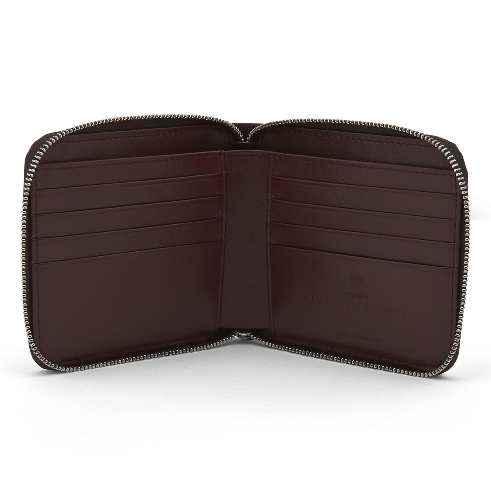 View 2 of product The Violla Leather 8 C/C Zipped Wallet by Turnbull & Asser features a dark brown, square design with multiple card slots and an embossed logo—ideal for everyday use.