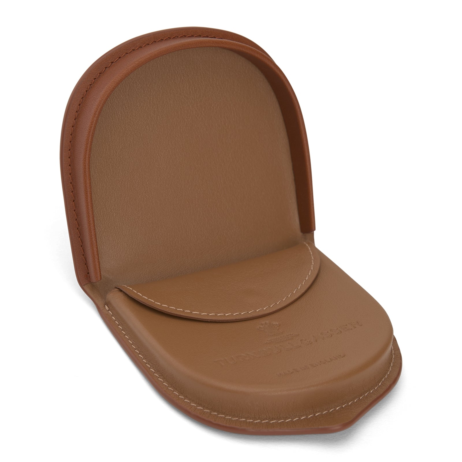 View 2 of product A classic light tan leather Tray Purse by Turnbull & Asser, featuring visible edge stitching and shown upright against a white background.