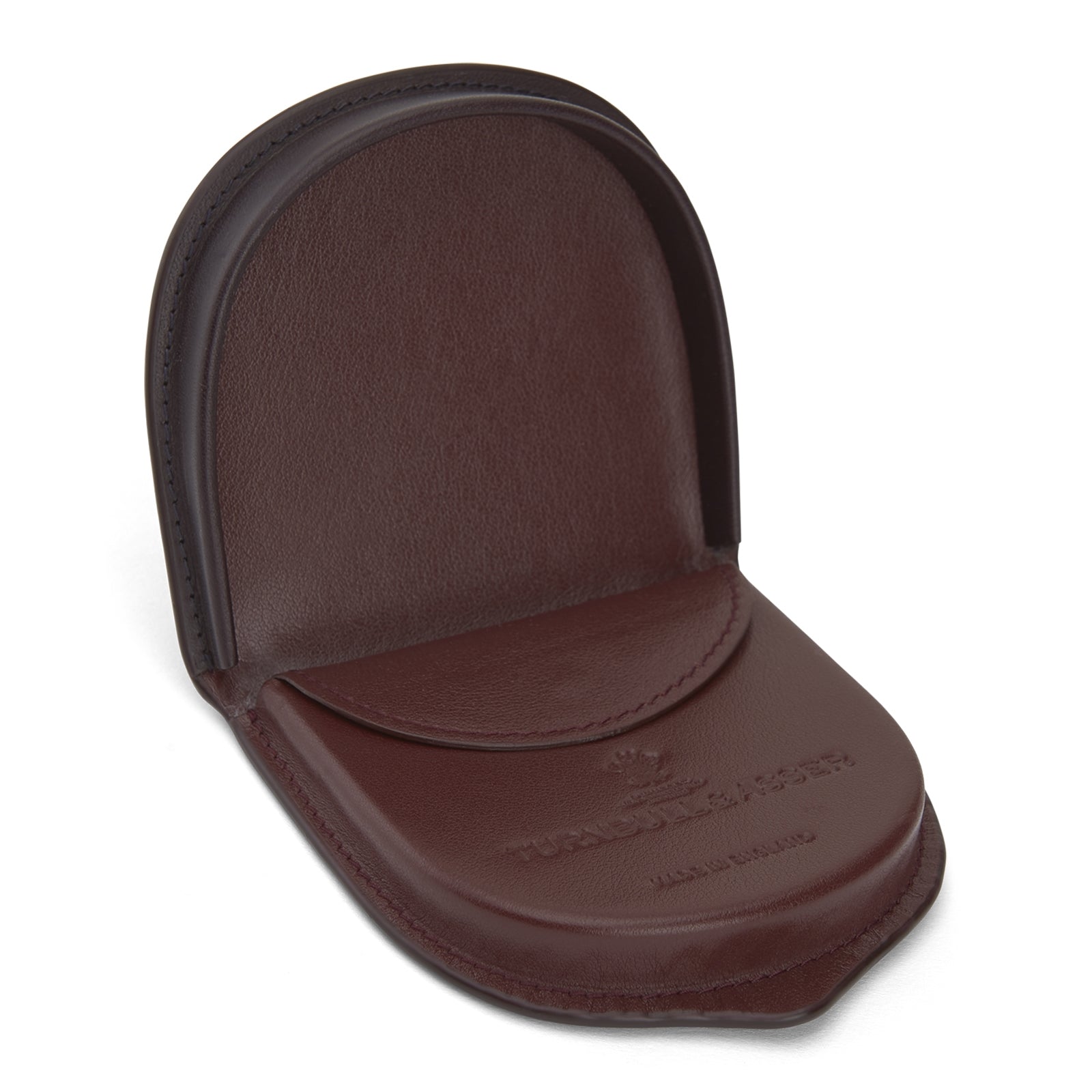 View 2 of product A dark brown Turnbull & Asser Violla Leather Tray Purse coin pouch with curved edges and visible border stitching, displayed on a plain white background for a classic, refined look.