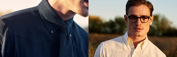 Split image: Left shows a close-up of a person in a dark button-up shirt and tie; right shows a person wearing glasses and a light button-up shirt, standing outdoors with blurred trees in the background.