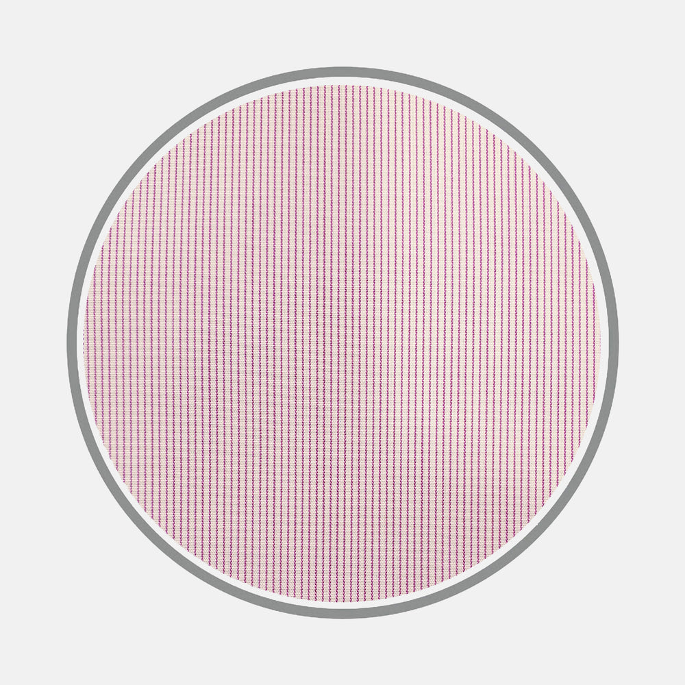 A circular view of Turnbull & Asser's Lilac Hairline Stripe Cotton Fabric, featuring evenly spaced vertical pink and white stripes with a thin gray border, displayed on a plain white background.